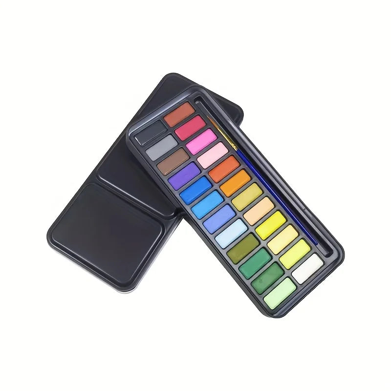 24-Color Portable Watercolor Paint Set with Brush Solid Art Painting
